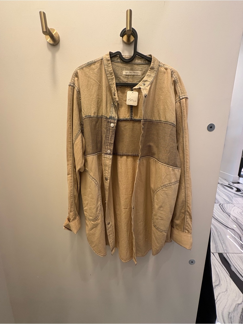 Free People Tan Button-Front Shirt Jacket with Ribbed Panel - Picture 2 of 3